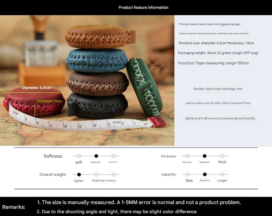 2 PCS Blue Hand-Stitched Leather Tape Measure - Compact & Stylish Measuring Tool