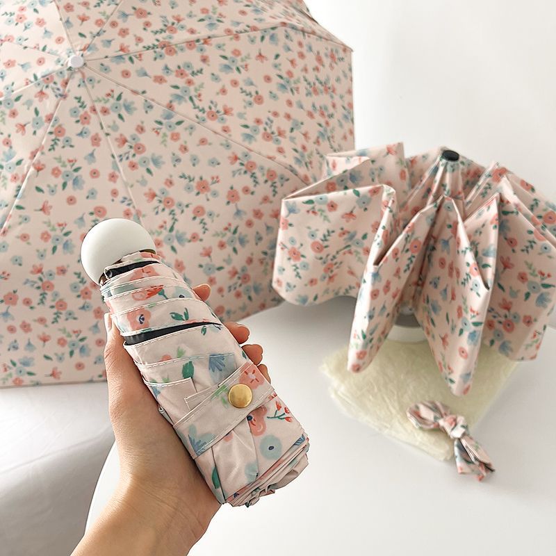 Little Red Flower Mini 5-Fold Umbrella - Portable, Anti-UV, Black Glue Coating