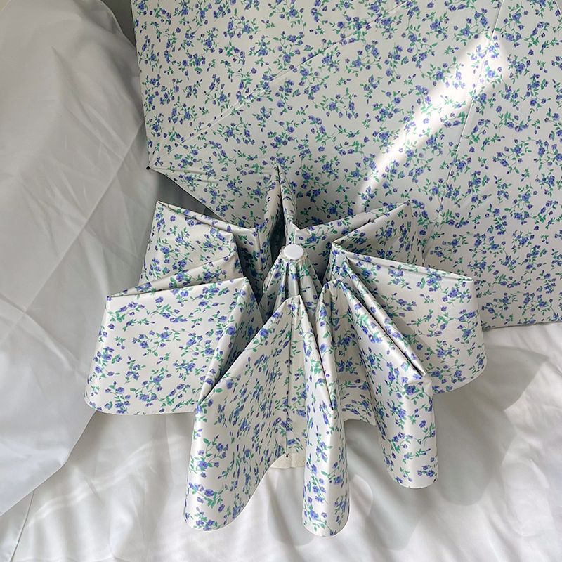 Blue Floral Mini 5-Fold Umbrella - Portable, Anti-UV, Black Glue Coating