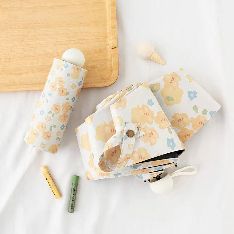 Small Yellow Flower Mini 5-Fold Umbrella - Portable, Anti-UV, Black Glue Coating