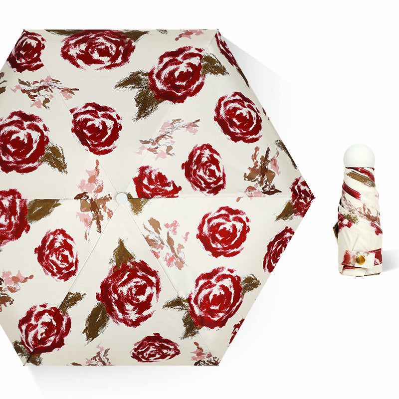 Red Rose Mini 5-Fold Umbrella - Portable, Anti-UV, Black Glue Coating