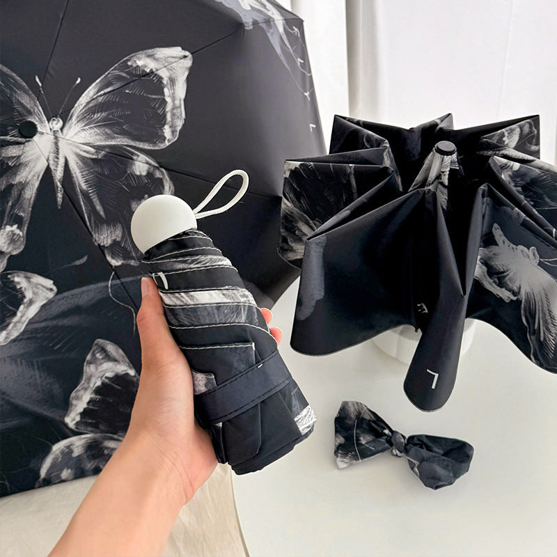 Black Butterfly Mini 5-Fold Umbrella - Portable, Anti-UV, Black Glue Coating