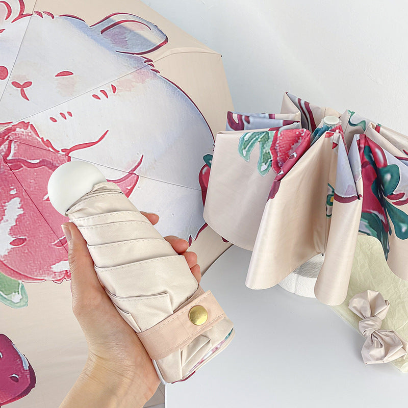 Strawberry Rabbit Mini 5-Fold Umbrella - Portable, Anti-UV, Black Glue Coating
