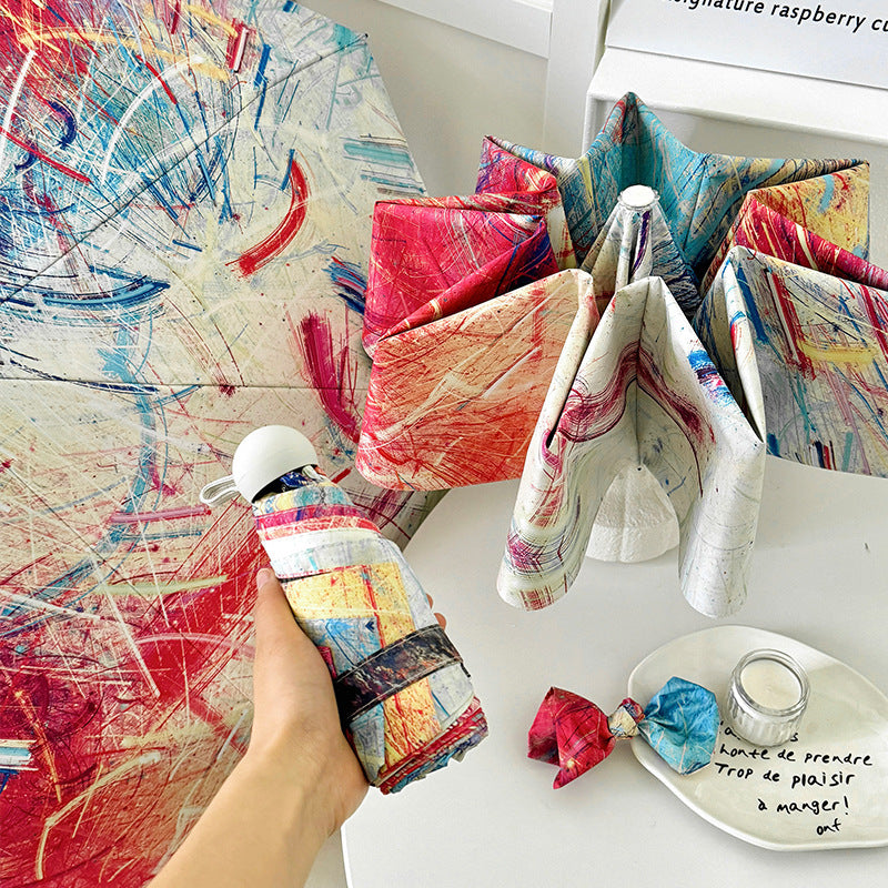 Color Graffiti Mini 5-Fold Umbrella - Portable, Anti-UV, Black Glue Coating