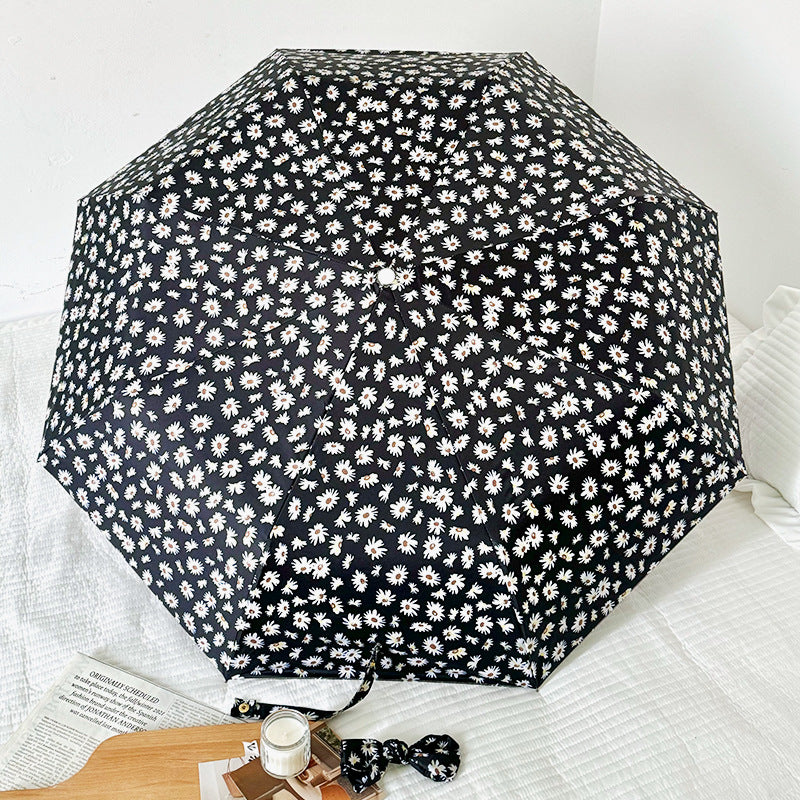 Black Daisy Mini 5-Fold Umbrella - Portable, Anti-UV, Black Glue Coating