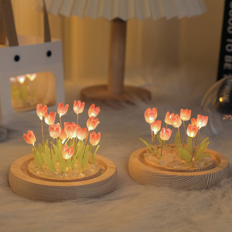 (Ten Pink Tulips) Glowing Tulip Dome Lamp -  Wooden Base, Bedside Table Decoration