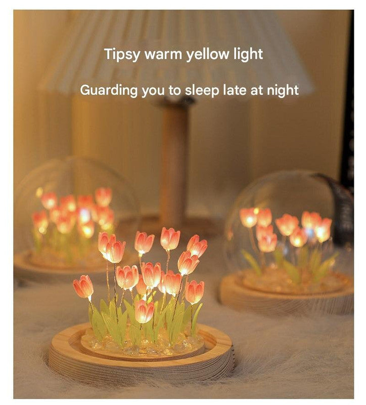 (Ten Pink Tulips) Glowing Tulip Dome Lamp -  Wooden Base, Bedside Table Decoration