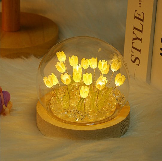 (Ten Yellow Tulips) Glowing Tulip Dome Lamp -  Wooden Base, Bedside Table Decoration