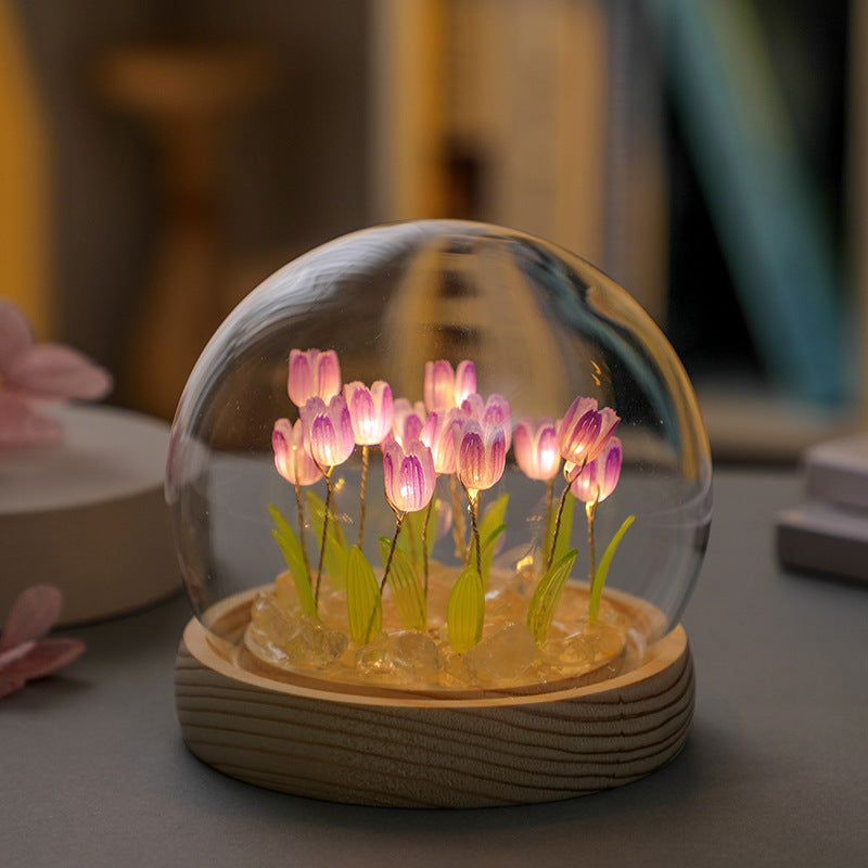 (Ten Purple Tulips) Glowing Tulip Dome Lamp -  Wooden Base, Bedside Table Decoration