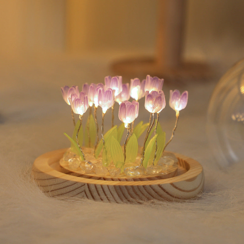 (Ten Purple Tulips) Glowing Tulip Dome Lamp -  Wooden Base, Bedside Table Decoration