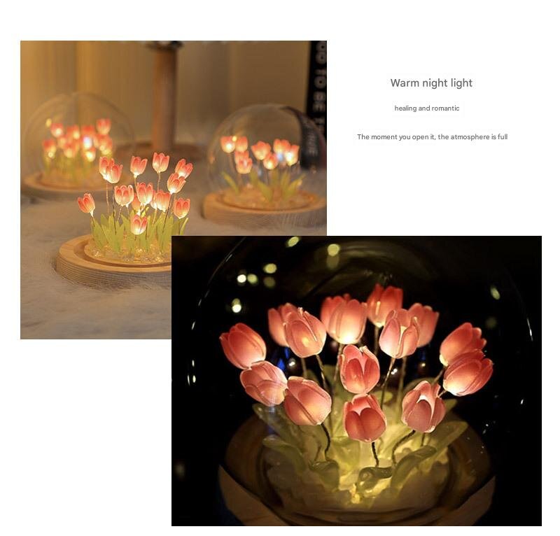 (Thirteen Pink Tulips) Glowing Tulip Dome Lamp -  Wooden Base, Bedside Table Decoration
