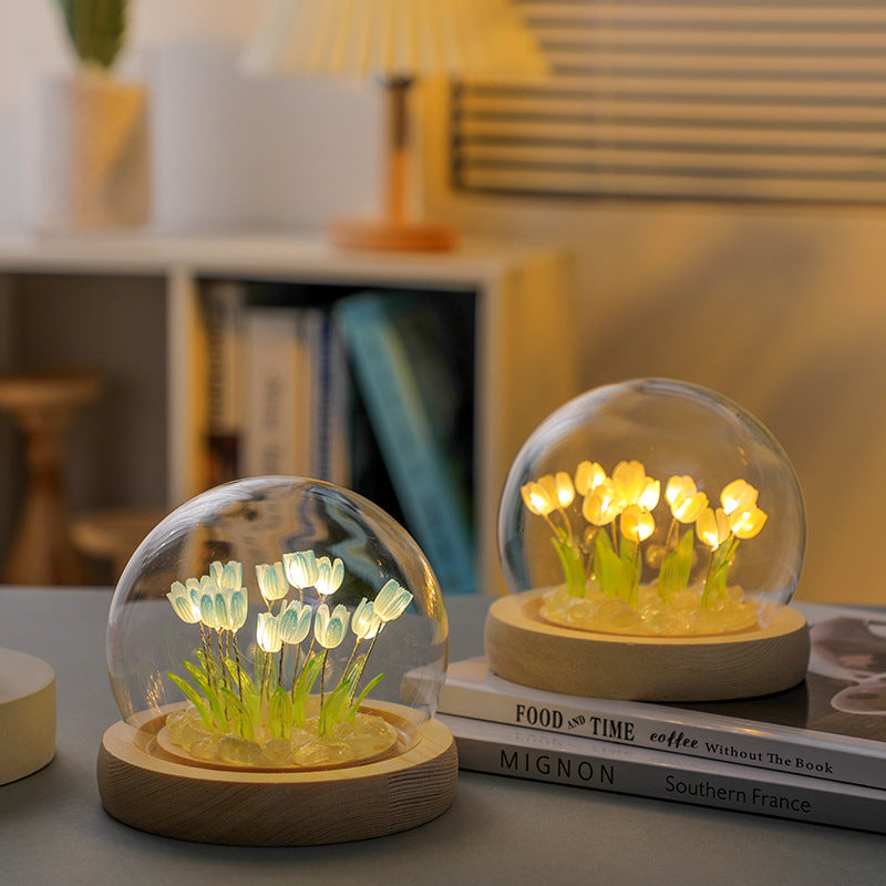 (Sixteen Blue Tulips) Glowing Tulip Dome Lamp -  Wooden Base, Bedside Table Decoration