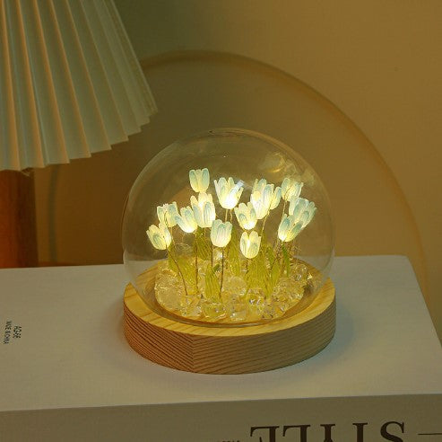 (Sixteen Blue Tulips) Glowing Tulip Dome Lamp -  Wooden Base, Bedside Table Decoration