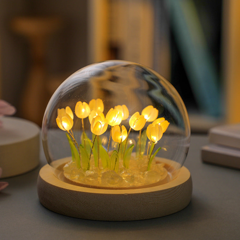 (Sixteen Yellow Tulips) Glowing Tulip Dome Lamp -  Wooden Base, Bedside Table Decoration