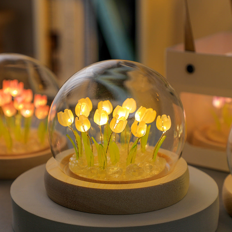 (Sixteen Yellow Tulips) Glowing Tulip Dome Lamp -  Wooden Base, Bedside Table Decoration