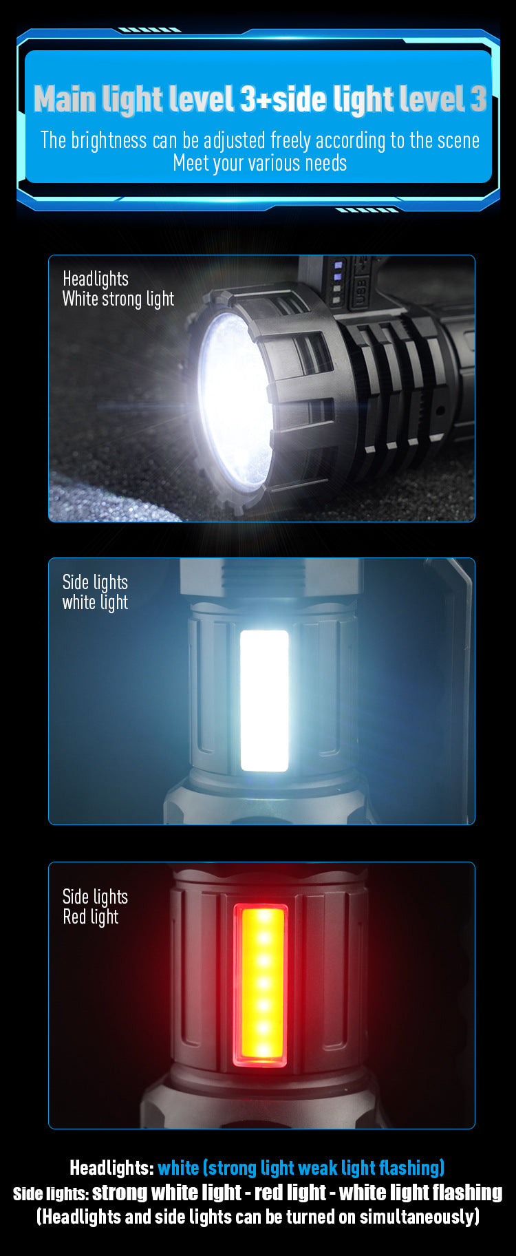 Black LED Searchlight - Rechargeable Handheld Spotlight, 500m Range, Long Lasting
