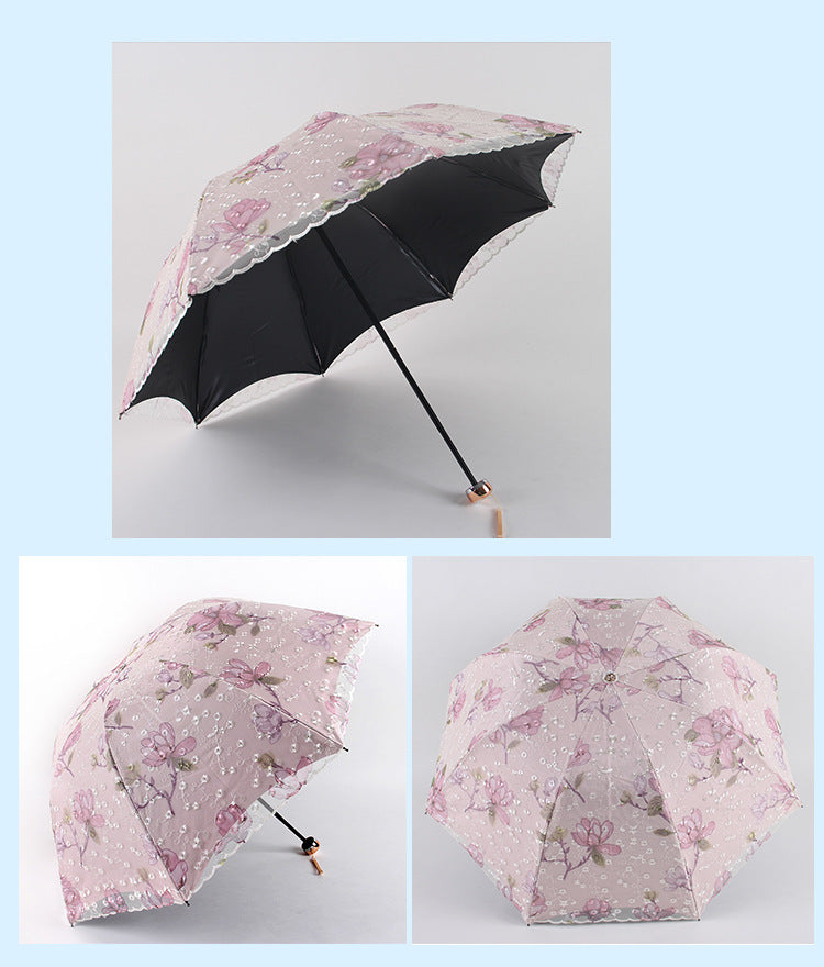 Pink Elegant Lace Parasol - UV Protection, Sun & Rain Umbrella, Tri-Fold Design