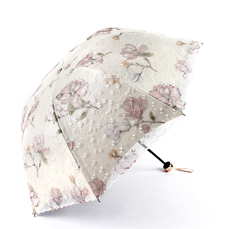 Apricot yellow Elegant Lace Parasol - UV Protection, Sun & Rain Umbrella, Tri-Fold Design