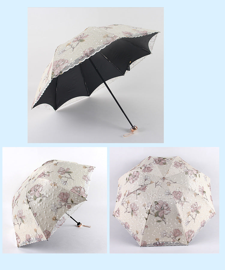 Apricot yellow Elegant Lace Parasol - UV Protection, Sun & Rain Umbrella, Tri-Fold Design