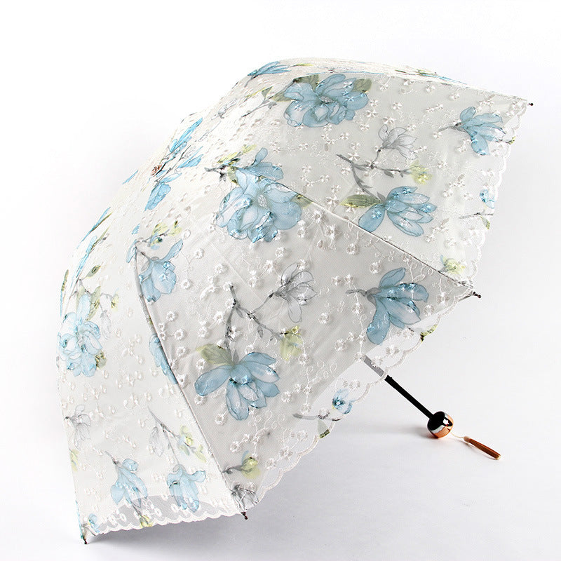 Water blue Elegant Lace Parasol - UV Protection, Sun & Rain Umbrella, Tri-Fold Design
