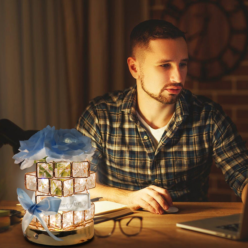 Blue Rose LED Crystal Flower Table Lamp - USB Rechargeable Touch Control Night Light