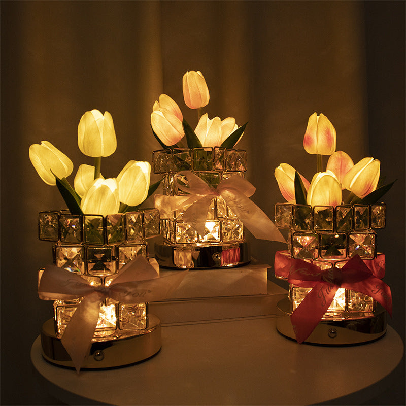 Orange Yellow Tulip LED Crystal Flower Table Lamp - USB Rechargeable Touch Night Light