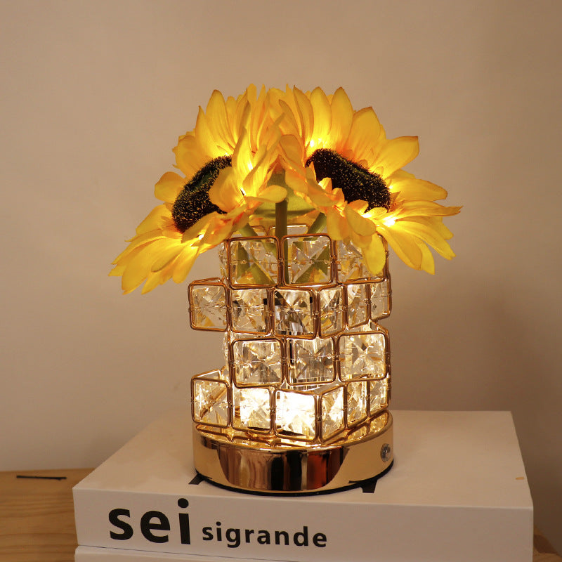 Sunflower LED Crystal Flower Table Lamp - USB Rechargeable Touch Control Night Light