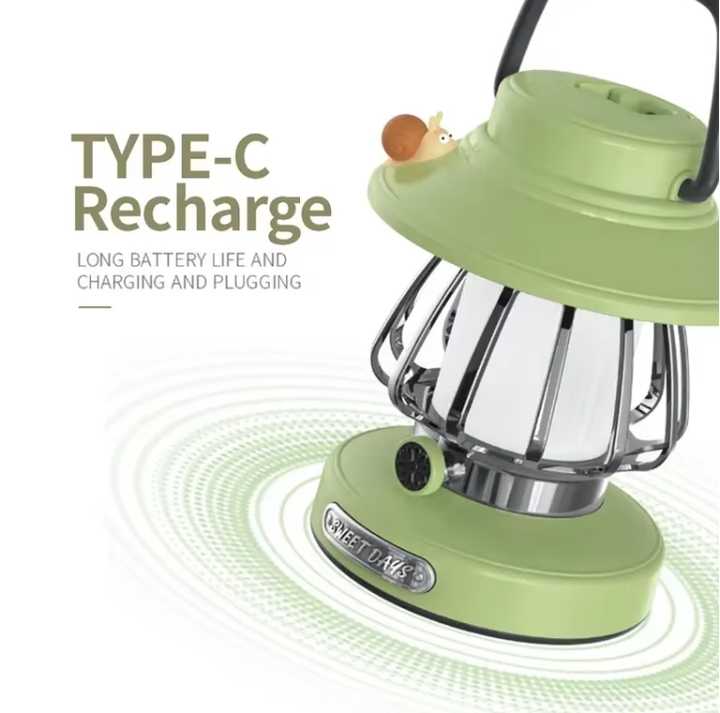 Green Retro Snail Night Light - Portable Rechargeable Camping Lantern with Hook, 3-Color Dimming