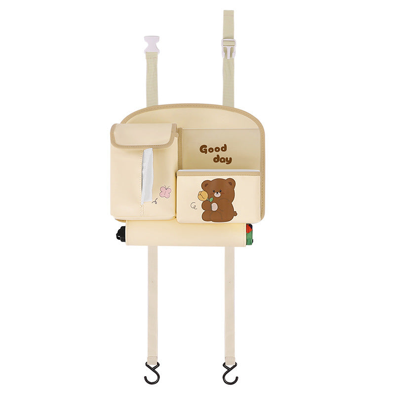 Brown Cute Cartoon Car Backseat Organizer with Multi-Pocket Storage and PP Trash Bin - 400g Lightweight PU Leather