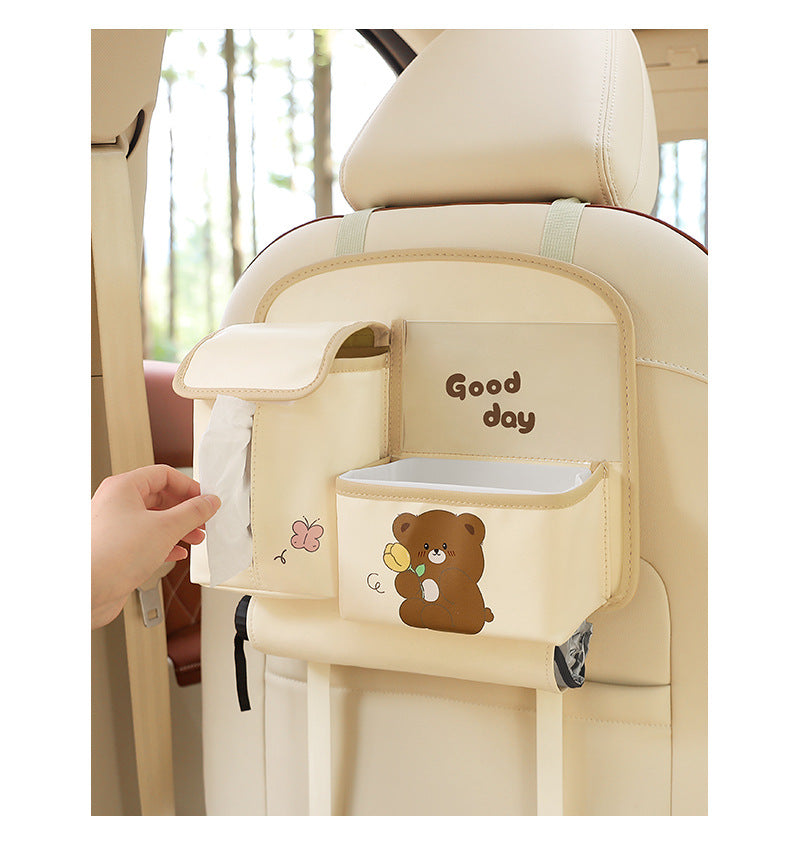 Pink Cute Cartoon Car Backseat Organizer with Multi-Pocket Storage and PP Trash Bin - 400g Lightweight PU Leather