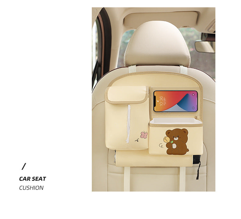 Beige Cute Cartoon Car Backseat Organizer with Multi-Pocket Storage and PP Trash Bin - 400g Lightweight PU Leather