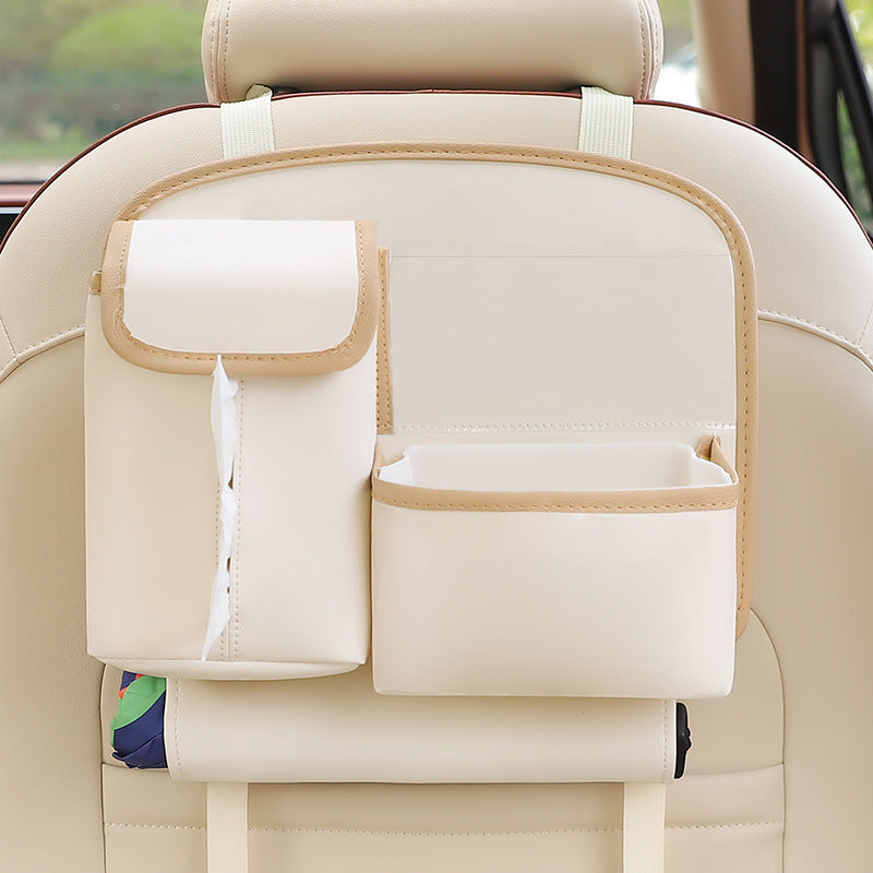 Beige Car Backseat Organizer with Multi-Pocket Storage and PP Trash Bin - 400g Lightweight PU Leather