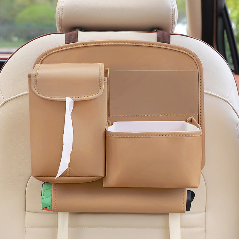 Brown Car Backseat Organizer with Multi-Pocket Storage and PP Trash Bin - 400g Lightweight PU Leather