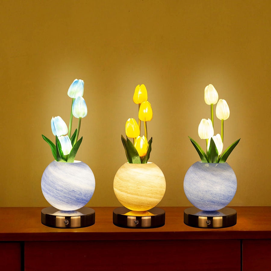 Pink Tulip Night Light with Realistic Bouquet - Dreamy Planet LED Mood Lamp for Bedroom Decor with 3-Color Touch Dimming