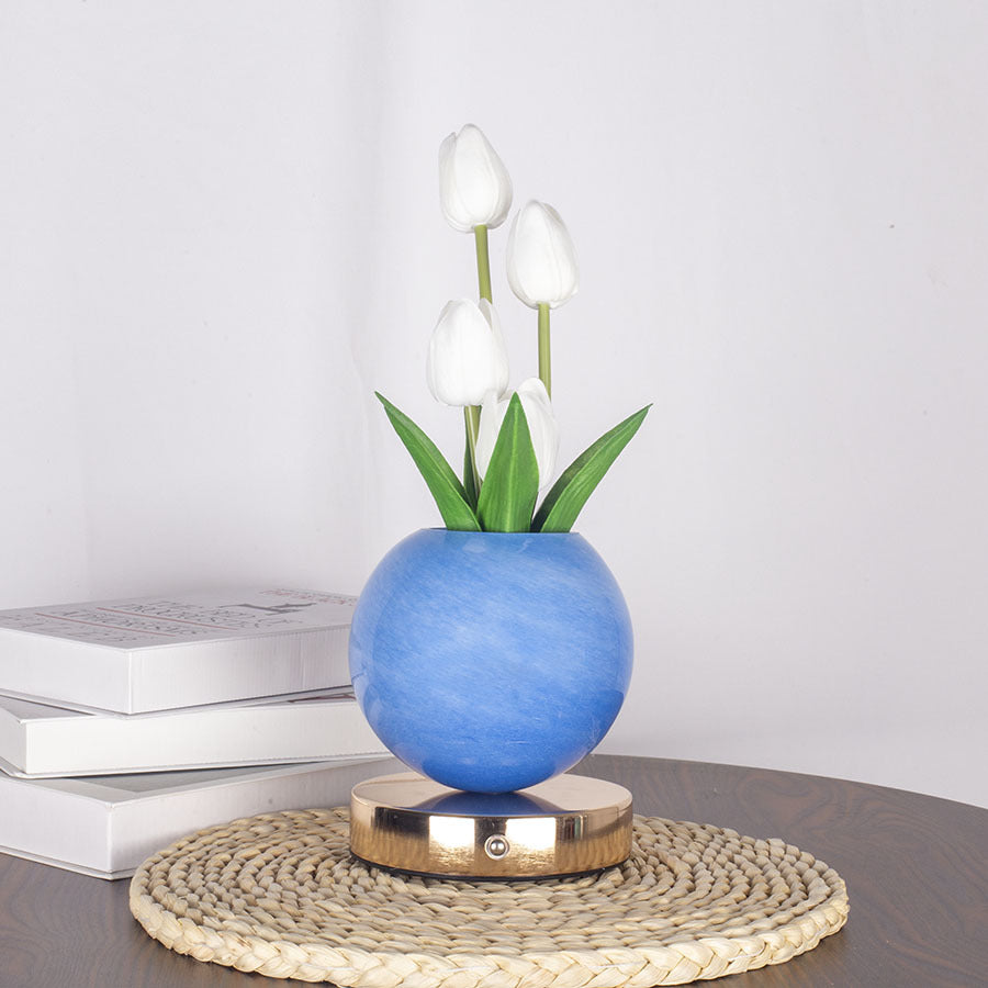 Blue And White Tulip Night Light with Realistic Bouquet - Dreamy Planet LED Mood Lamp for Bedroom Decor with 3-Color Touch Dimming