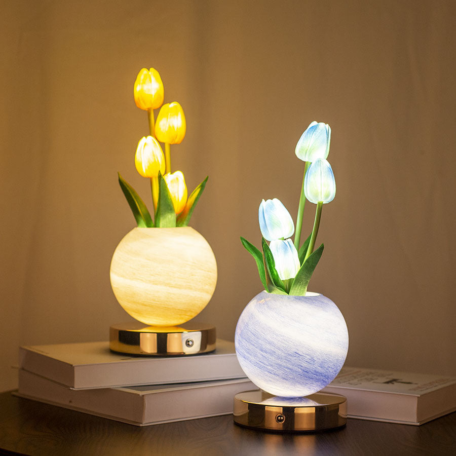 Blue And White Tulip Night Light with Realistic Bouquet - Dreamy Planet LED Mood Lamp for Bedroom Decor with 3-Color Touch Dimming