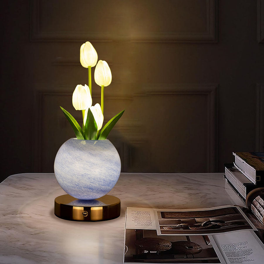 Blue And White Tulip Night Light with Realistic Bouquet - Dreamy Planet LED Mood Lamp for Bedroom Decor with 3-Color Touch Dimming
