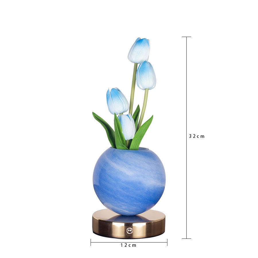 Blue And White Tulip Night Light with Realistic Bouquet - Dreamy Planet LED Mood Lamp for Bedroom Decor with 3-Color Touch Dimming