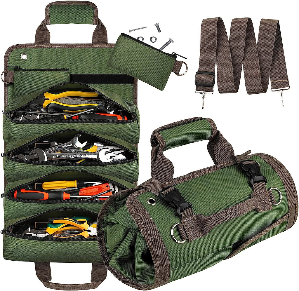 Khaki Heavy Duty Roll-Up Tool Bag Organizer - Waterproof Oxford Fabric Pouch with Multiple Pockets