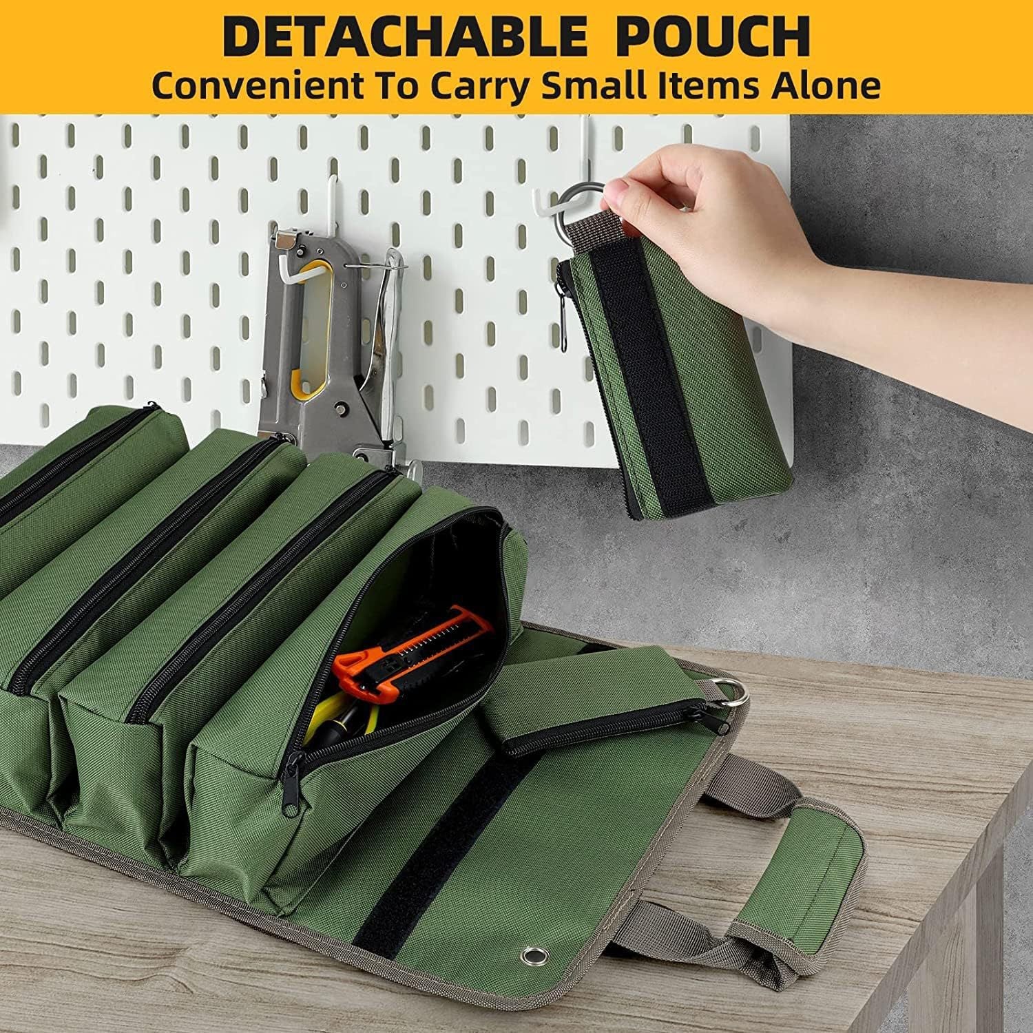 Khaki Heavy Duty Roll-Up Tool Bag Organizer - Waterproof Oxford Fabric Pouch with Multiple Pockets