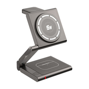 Silver-grey Magnetic 3-in-1 Wireless Charger for Apple Devices - 15W Fast Charging Station for iPhone, AirPods, and Apple Watch
