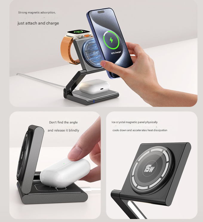 Black Magnetic 3-in-1 Wireless Charger for Apple Devices - 15W Fast Charging Station for iPhone, AirPods, and Apple Watch
