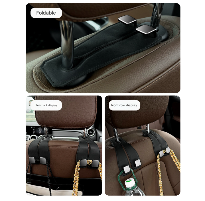 Grey Heavy Duty Car Headrest Hooks (Set of 4 Units) - PU Leather Seat Back Organizer Hangers