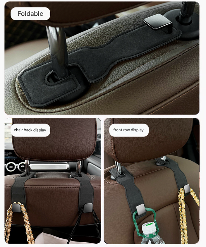 Black Premium PU Leather Car Headrest Hooks (Set of 4) - Stylish Seat Back Organizer Hangers