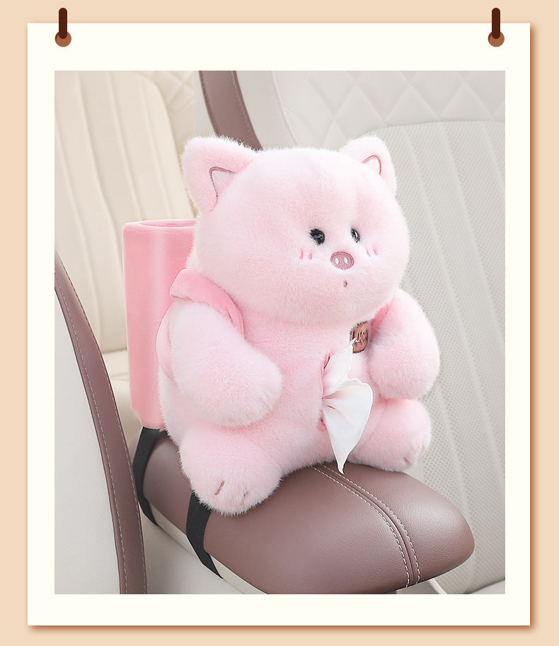 Adorable Pink Pig Tissue Holder for Car - Plush Toy with Storage