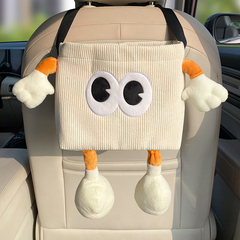 White Cute Cartoon Car Trash Bin with Adjustable Strap - Water-Repellent Corduroy (19x24cm)