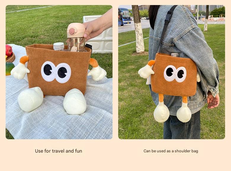 White Cute Cartoon Car Trash Bin with Adjustable Strap - Water-Repellent Corduroy (19x24cm)