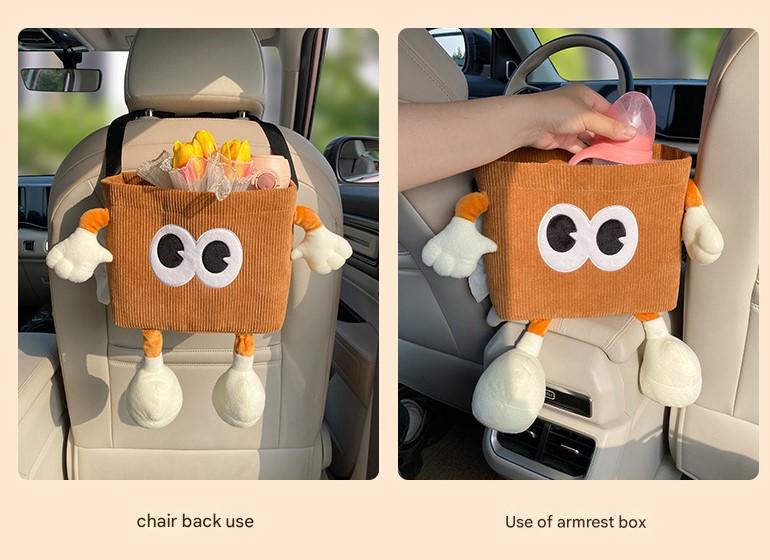 Brown Cute Cartoon Car Trash Bin with Adjustable Strap - Water-Repellent Corduroy (19x24cm)