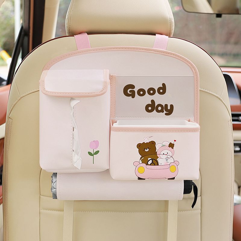 Car Seat Back Organizer with Practical design-Multi-Pocket Storage for Tissues and Gadgets-Cute bear(Pink)