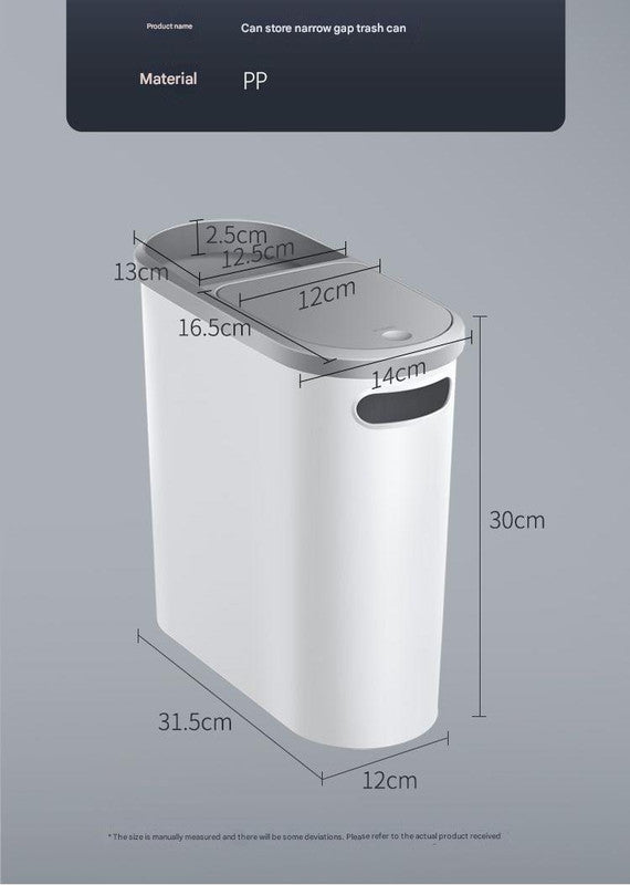 Slim Press-Top Trash Can with Top Storage Compartment - Narrow Design for Bathroom & Small Spaces(White cover + ash bucket)